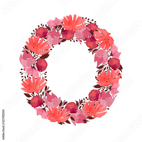 Vector floral letter, capital character O. Botanical monogram. Pink, maroon, coral color flowers in the shape of a bold letter isolated on white background. Chicory, peonies, lilies with branches.