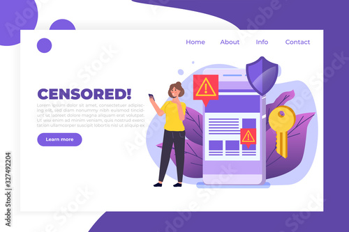 Web ban bypass, Internet censorship bypassing. Content control blocking, filtering offensive chats messaging. Vector  illustration.