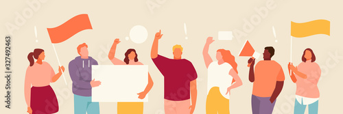 Group of protesting people with posters and banners. Strike and mass action vector illustration