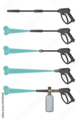 set of vector illustration pressure washer machine electric with spray gun equipment flat design style