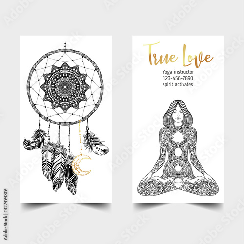 Stretch and Strength. Yoga card design template. Black and white banner for spiritual retreat or yoga studio. Ornamental business cards, oriental pattern. Vector illustration isolated.
