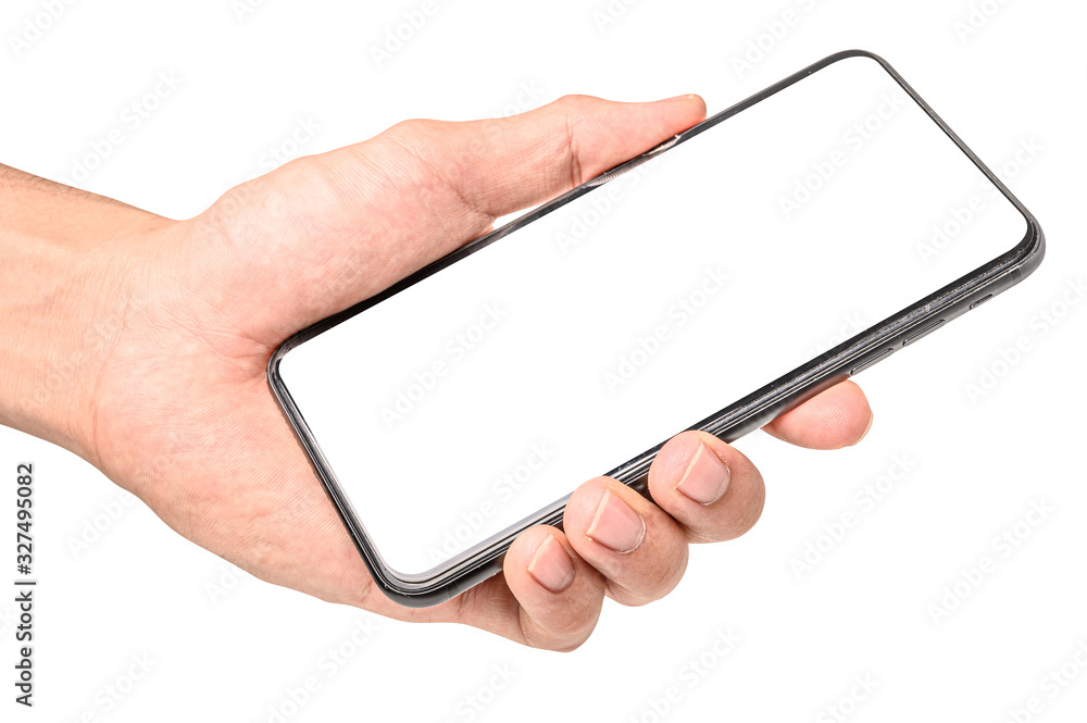 Hand holding phone isolated on white background with clipping path. Hand holding phone isolated on white background with clipping path.