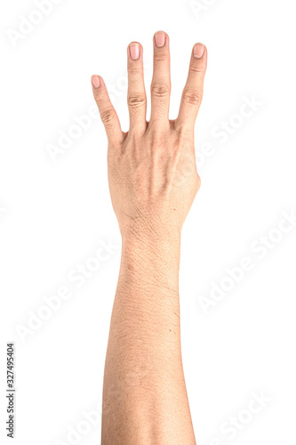 Hand show finger number four isolated on white background with clipping path.