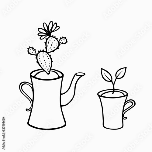 A sprout with two leaves in a tea cup and a blooming cactus in a teapot set. The concept of the  spring. Hand drawn home plants doodle line art. Stock vector illustration isolated on white background.
