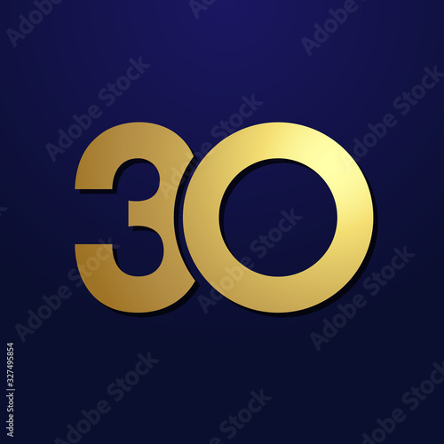 30 th anniversary numbers. 30 years old logotype. Shining golden congrats. Isolated abstract graphic design template. Creative congratulation, 3D digits. Up to 30%, -30% percent off discount concept