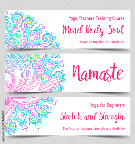 Stretch and Strength. Yoga card design. Colorful template for spiritual retreat or yoga studio. Ornamental business cards, oriental pattern. Vector illustration