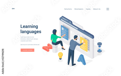 People learning foreign languages online. Isometric vector illustration