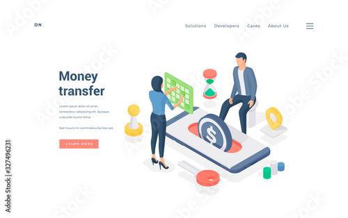 People transferring money through smartphone app. Isometric vector illustration