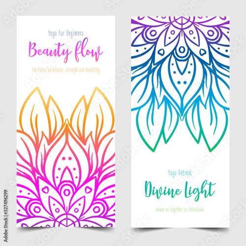 Stretch and Strength. Yoga card design. Colorful template for spiritual retreat or yoga studio. Ornamental business cards, oriental pattern. Vector illustration
