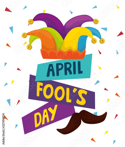 april fools day with hat buffoon vector illustration design