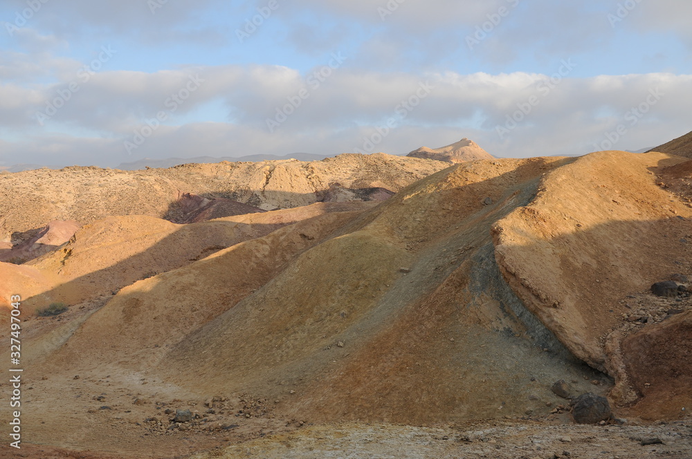 Naklejka premium Desert landscape at sunrise. Hiking desert part of Israel National Trail. Negev desert . Valley. Colorful sands 