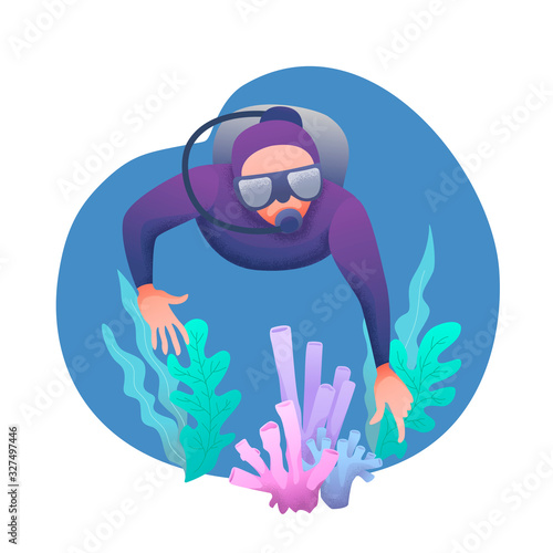 Conceptual flat banner design with noises. Character in an underwater suit with a mask and scuba diving in the water near coral. World Ocean and Sea Day. Diver at bottom of sea. Vector illustration