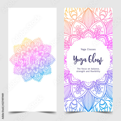 Stretch and Strength. Yoga card design. Colorful template for spiritual retreat or yoga studio. Ornamental business cards, oriental pattern. Vector illustration