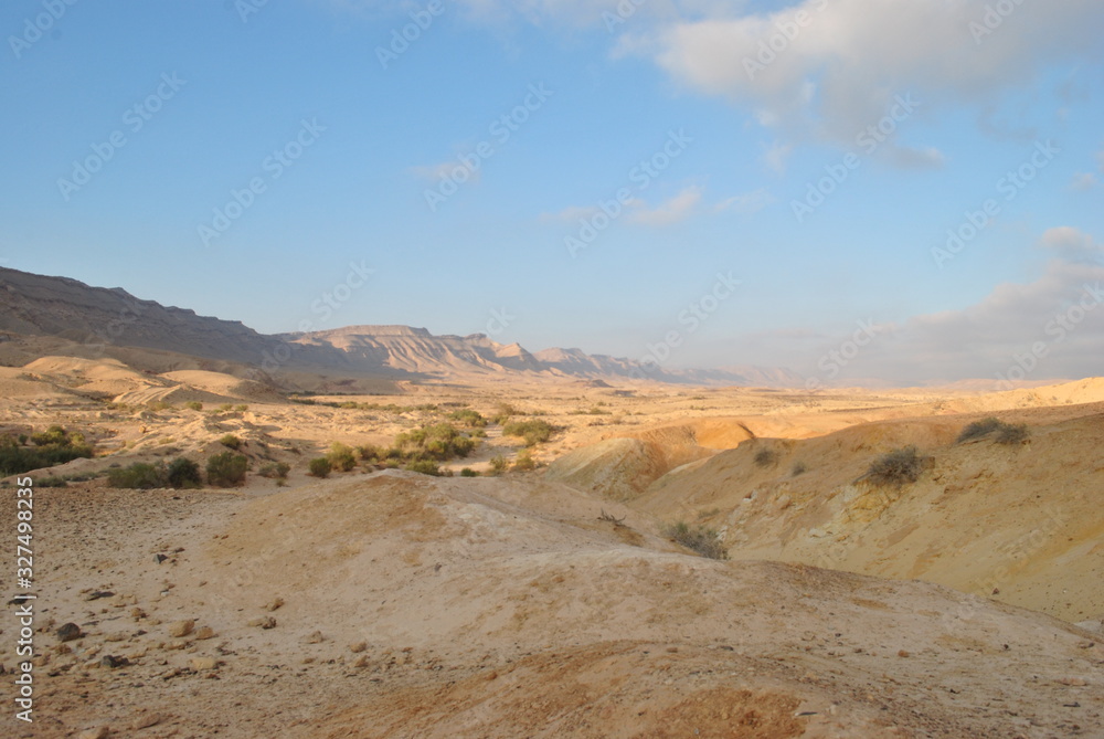 Desert landscape at sunrise. Hiking desert part of Israel National Trail. Negev desert . Valley. Colorful sands 