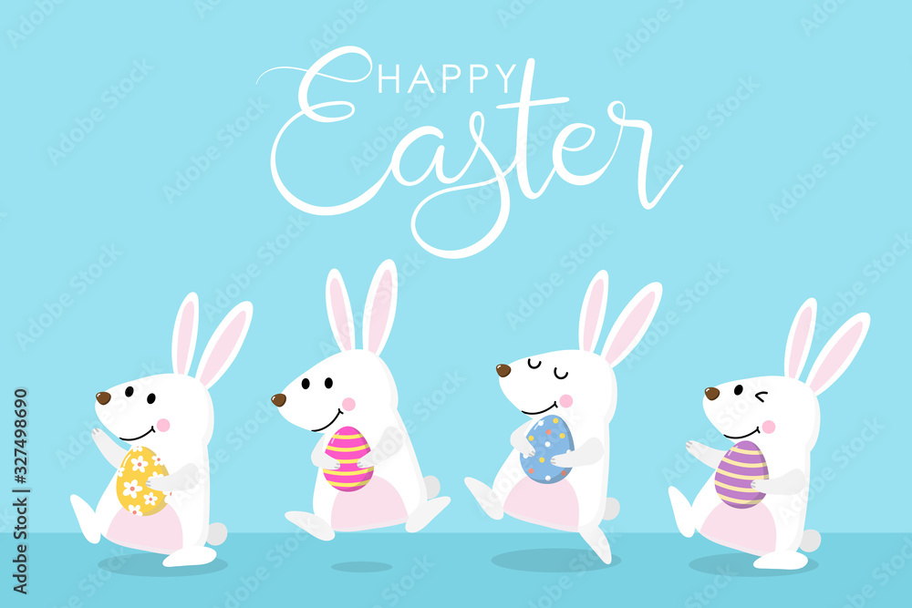 Happy Easter greeting card with cute white bunny and pink eggs. Welcome spring season with rabbit. Animal wildlife holiday cartoon character. -Vector. Happy Easter greeting card with cute white bunny and pink eggs. Welcome spring season with rabbit. Animal wildlife holiday cartoon character. -Vector.