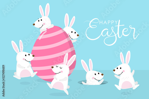 Happy Easter greeting card with cute white bunny and pink eggs. Welcome spring season with rabbit. Animal wildlife holiday cartoon character. -Vector.