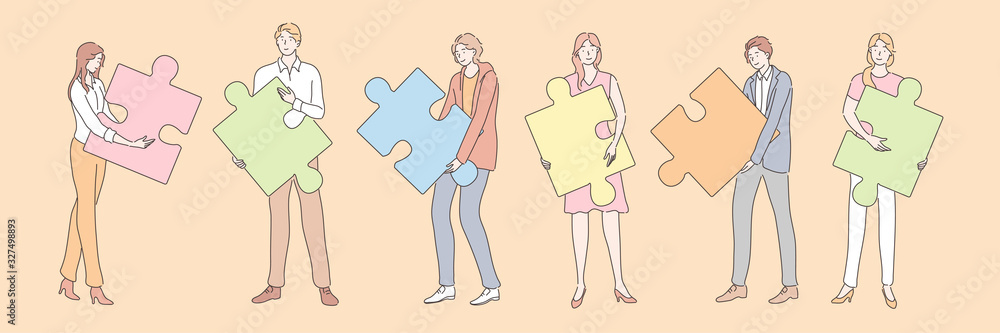 Teamwork, partnership, business cooperation set. Team group of young businesspeople businessmen women with puzzle elements jigsaw together. Symbol of teamwork, collaboration, coworking. Brainstorming Teamwork, partnership, business cooperation set. Team group of young businesspeople businessmen women with puzzle elements jigsaw together. Symbol of teamwork, collaboration, coworking. Brainstorming