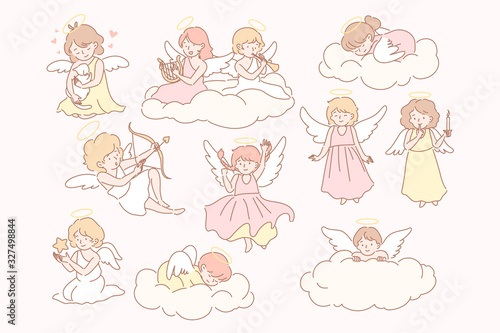 Set of baby angels cupidon concept. Group of little baby, kids with wings on clouds. Collection of happy childs angels with trumpet, bow, arrow, harp, trumpet, star. Valentines day. Simple flat vector