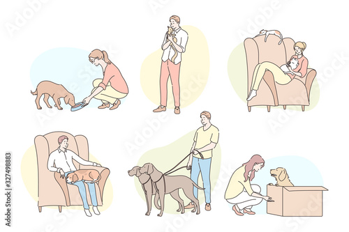 People with pets set concept. Collection of different young people owners, men women boys girls spending time with their pets, cats and dogs. Love and care, lifestyle. Simple flat vector illustration.