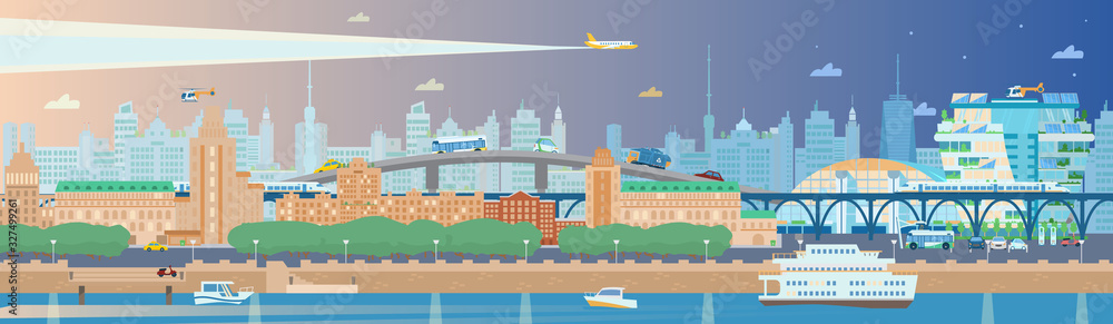 Long horizontal evening summer cityscape with embankment, boats, ferry, bullet trains, rail ways, buildings, scyscrapers. plane, helicopter, cars, trees etc. City panorama. Flat vector illustration.