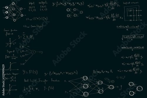 Formulas and diagrams computer science and data science, neural network diagrams and calculation formulas
