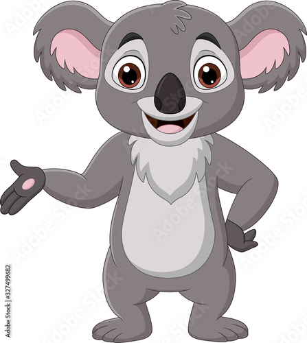 Cartoon happy koala presenting on white background