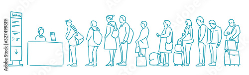 People with bags stand in line. Queue. Registration for the plane. Departure of Travelers. Contour sketch hand drawn blue line vector.