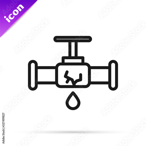 Black line Broken metal pipe with leaking water icon isolated on white background. Vector Illustration