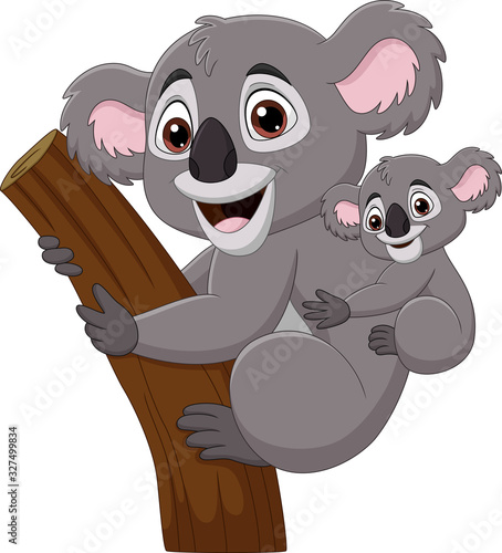 Cartoon mother koala and baby on a tree branch