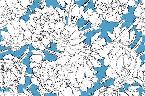 Seamless pattern with white flowers. Btanical elegant endless texture. White and blue colors