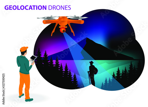 Drone or quadcopter for geolocation. Drone fly over the landscape and makes the search for the lost. Hands controlling the drone via laptop.