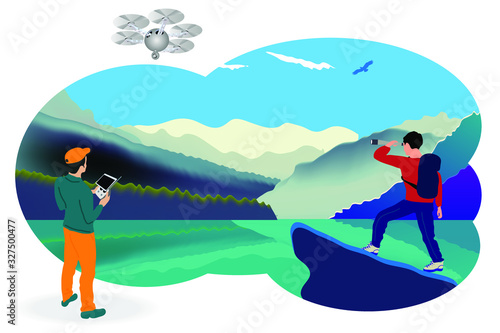 Drone or quadcopter for geolocation. Drone fly over the landscape and makes the search for the lost. Hands controlling the drone via laptop.