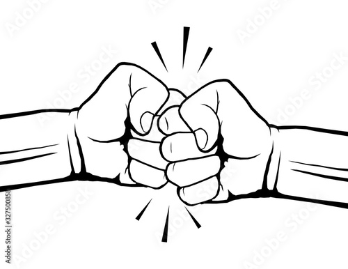 Hand drawn of two fists bumping together. Teamwork, partnership, friendship, passion or conflict, confrontation, resistance, competition, struggle. Vector illustration