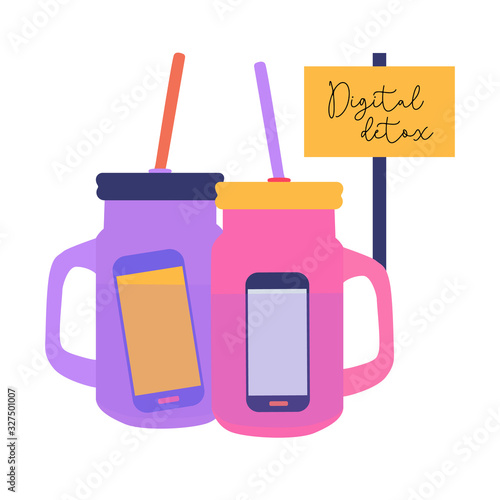 Digital detox. Smartphone in a mug of water. Freedom from technology and gadgets. Vector illustration.