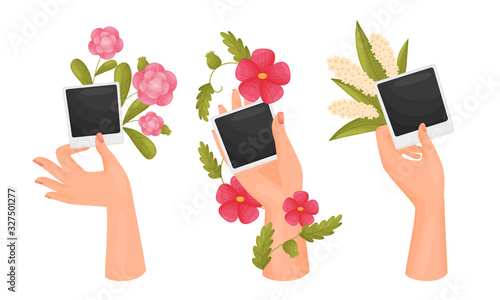 Hands Holding Flowers and Photographs Isolated on White Background Vector Set