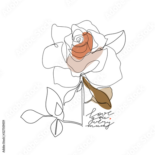 Trendy one line rose flower with pastel shapes and lettering. Fashion typography slogan design "Love you very much" sign. Continuous line print for textile, poster, card, t-shirt etc. Vector.