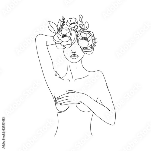 Dekoracja na wymiar  trendy-abstract-one-line-woman-body-with-flowers-and-leaves-girl-covering-her-nude-breast-continuous-line-print-for-textile-poster-card-t-shirt-etc-vector-fashion-illustration