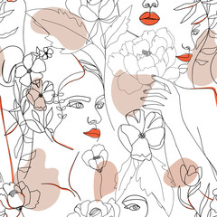 Fototapete Einlinien-Muster Modische Frauengesichter mit Blüten Muster  © CoCoArt_Ua
