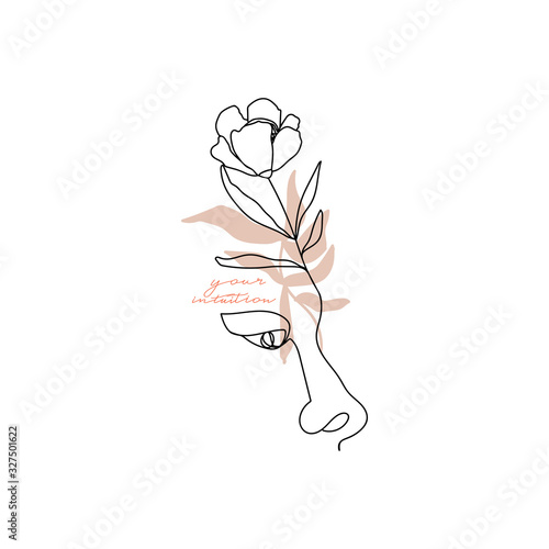 Trendy one line woman face with flower and leaves. Fashion typography slogan design "your intuition" sign. Continuous line print for poster, card, t-shirt etc. Vector illustration on white background.