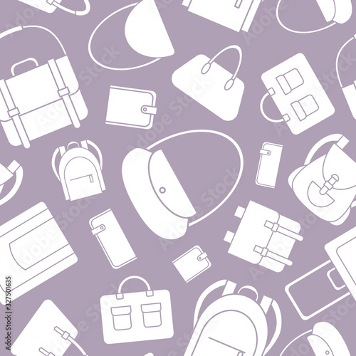 Handbag - Vector background (seamless pattern) of silhouettes bag, backpack, purse, clutch, luggage, suitcase for graphic design