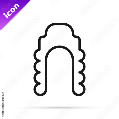 Black line Judge wig icon isolated on white background. Medieval style antique. Vector Illustration