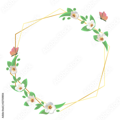 Naklejka Golden polygonal vintage frames with flowers blossom and flying butterfly. Vector image
