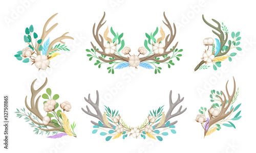 Botanical Composition with Deer Horns and Cotton Flowers Vector Set