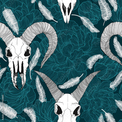 Vector hand drawn seamless pattern with magical astrology, Alchemy, spirituality and occultism symbol.  In sketch style with goat skull illustration. Best for wrapping, wallpaper or textile design.