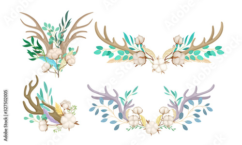 Botanical Composition with Deer Horns and Cotton Flowers Vector Set