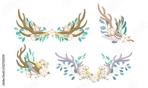 Botanical Composition with Deer Horns and Cotton Flowers Vector Set