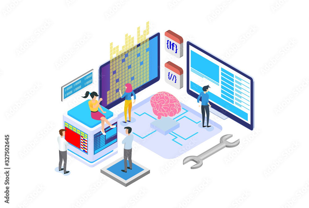 Modern Isometric Computer Programmers Illustration, Web Banners, Suitable for Diagrams, Infographics, Book Illustration, Game Asset, And Other Graphic Related Assets