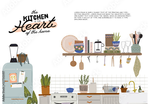 Stylish Scandinavian kitchen interior - stove, table, kitchen utensils, fridge, home decorations. Cozy modern comfy apartment furnished in Hygge style. Vector illustration