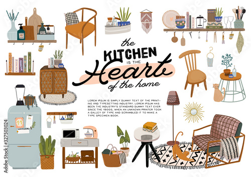 Stylish Scandinavian kitchen interior - stove, table, kitchen utensils, fridge, home decorations. Cozy modern comfy apartment furnished in Hygge style. Vector illustration