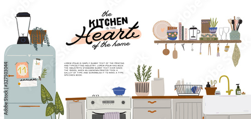 Stylish Scandinavian kitchen interior - stove, table, kitchen utensils, fridge, home decorations. Cozy modern comfy apartment furnished in Hygge style. Vector illustration